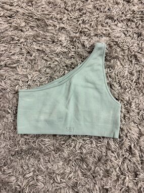 SET ACTIVE One-Shoulder Ribbed Crop Top in Sage Green